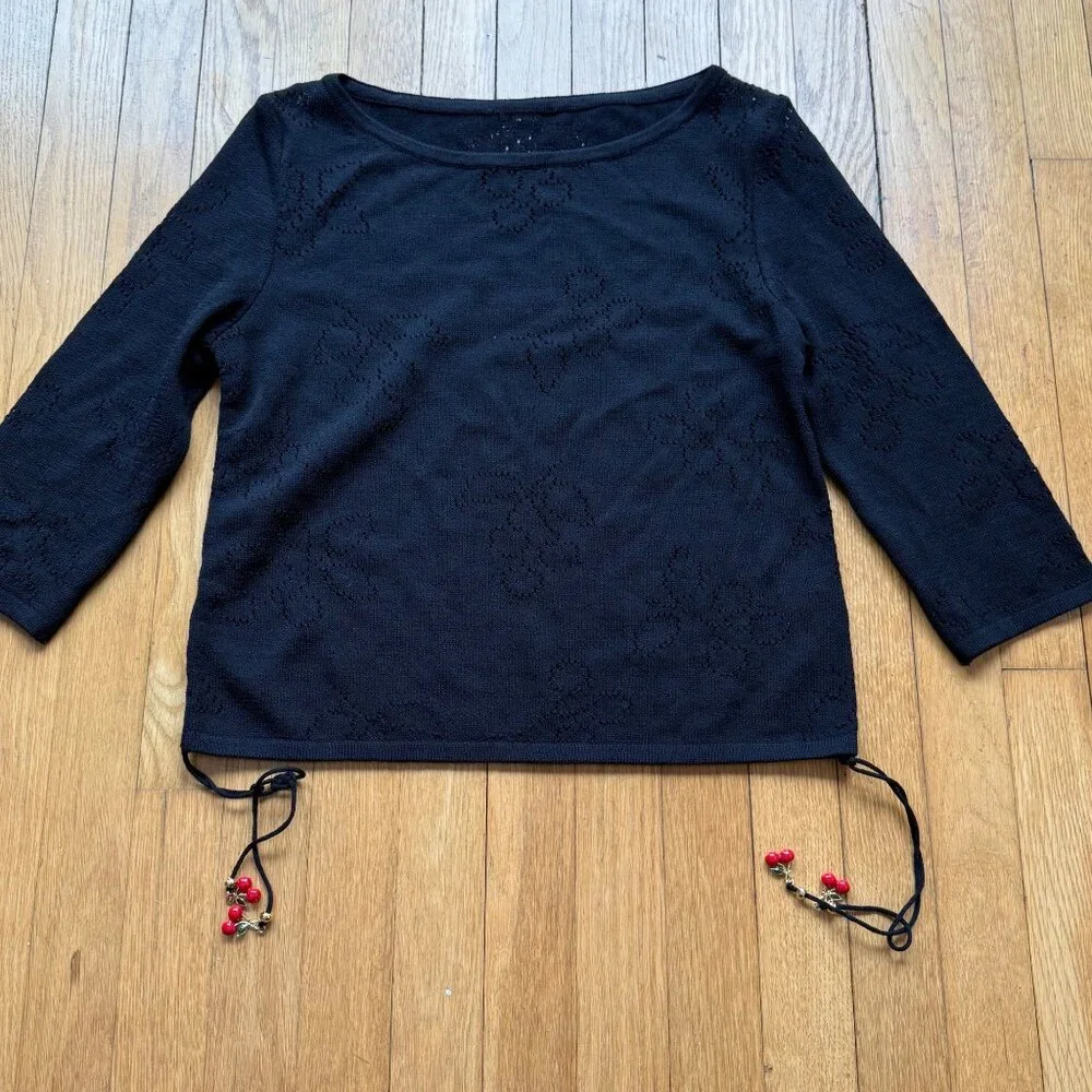 VTG St. John Size S Black Wool Knit 3/4 Sleeve Boat Neck Top w/ Red Beaded Tie